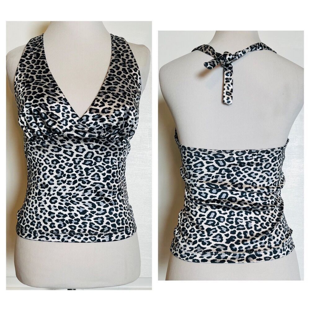 JouJou V-Neck Stretch Fitted Crop Top Halter Black Silver Gray Designer Sexy S